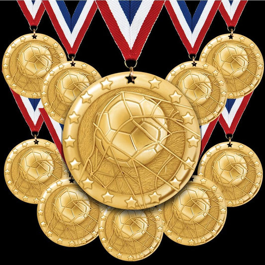 10 Pack Soccer Medals with Red White and Blue Neck Ribbons – 2" Gold Sports Award Medals for Kids, Teams, Tournaments, Youth Soccer, School Events