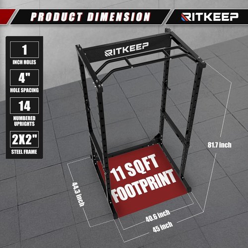 RitKeep RMAX 2250 Multi-Functional Power Rack - 1200lb Capacity Squat Rack for Home Gym with Multi-Grip Pull-Up Bar, J-Hooks, and Safety Bars(Black with Black Bench(black barbell), 1000LB barbell)