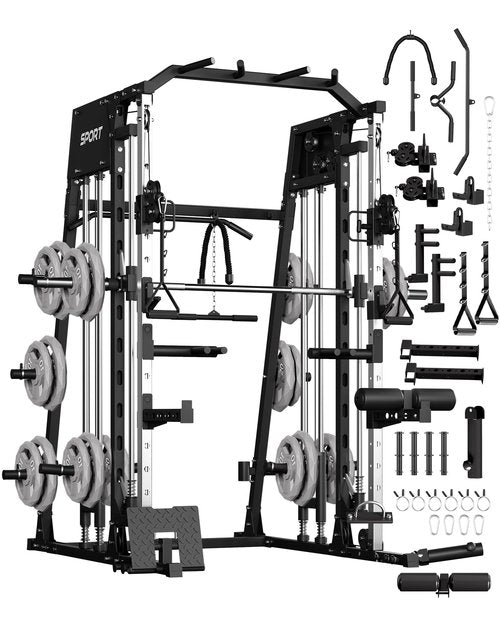 GarveeLife Smith Machine Home Gym All in One, 2200LBS Squat Rack Power Cage with Smith Bar, LAT Pull-Down, Cable Systems, Leg Hold-Down and More Attachments, Workout Equipment (Black)