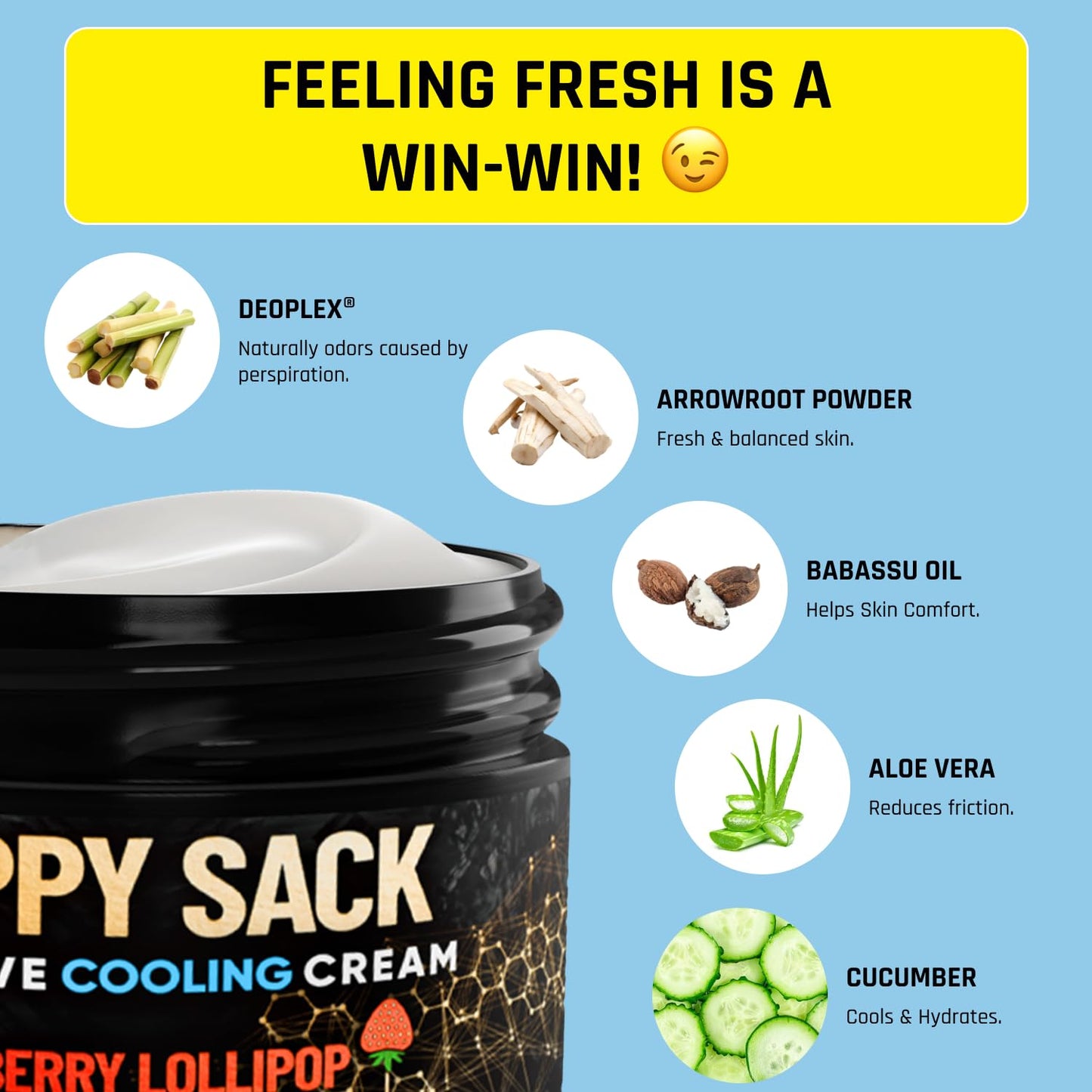 Derm Dude Happy Sack Ball Deodorant & Comfort Cream for Men | Anti-Chafing Sweat Defense, Odor Control, Aluminum-Free Deodorant & Hygiene Products for Men's Private Parts | Strawberry Lollipop, 2oz