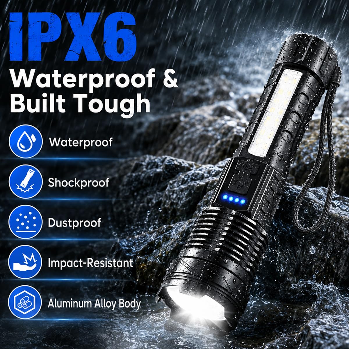 Rechargeable LED Flashlights, 99,000 Lumens Super Bright Handheld FlashLight, 7 Modes with COB Work Light, IPX6 Waterproof, Adjustable Tactical Flash light for Home,Camping and Emergencies-2 Pack