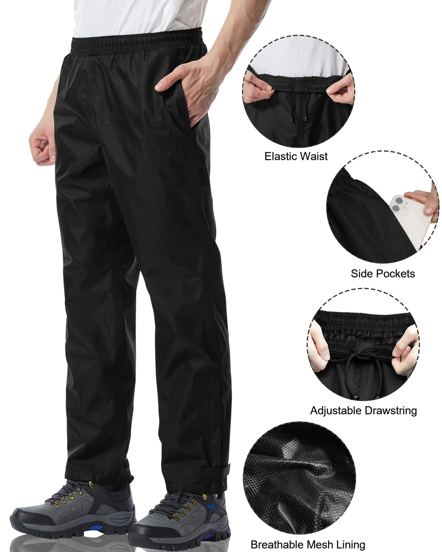iCreek Men's Rain Pants Waterproof Over Pants Windproof Lightweight Hiking Pants Work Rain Outdoor for Golf, Fishing (Black, XX-Large/28 Inseam)
