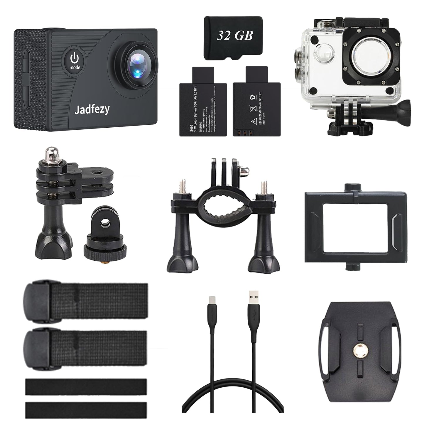Jadfezy Action Camera FHD 1080P with 32GB Card, 98FT/30M Underwater Waterproof Camera with 2 Rechargeable Batteries, Wide Angle Sports cam with Accessories Kit Suitable for Helmet, Bicycle, etc.