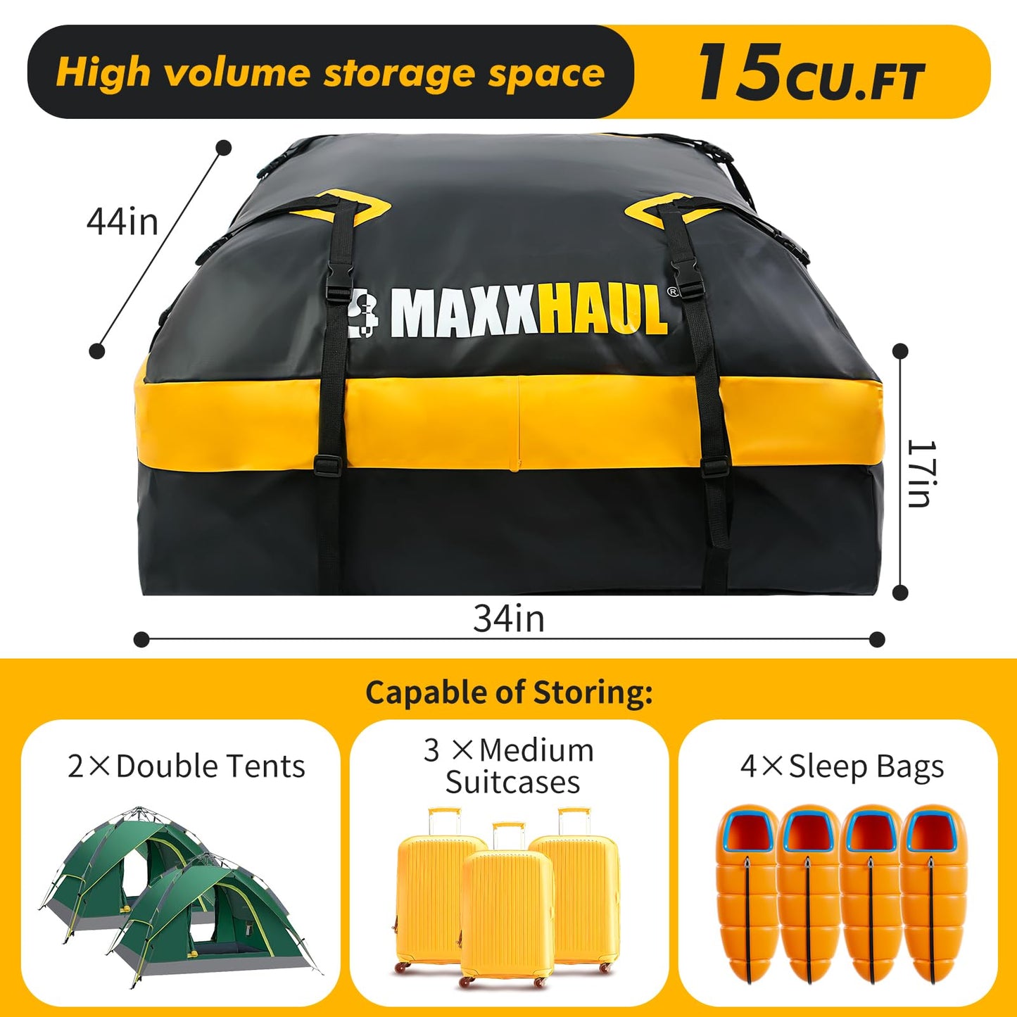 MaxxHaul Rooftop Cargo Bag 15 Cu Ft - Waterproof Universal Car Roof Carrier with Luggage Lock - No Rack Needed - Anti-Slip Mat - 100 lb Capacity - for Cars & SUV's (50719)