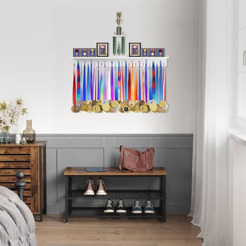 Defined Deco 3ft-Medal Awards Rack Ultimate Medal Hanger Display and Trophy Shelf,36" Wooden Trophy and Medal Display Shelf,for Medal Display,Plaques,Pictures,Trophies and More(White)
