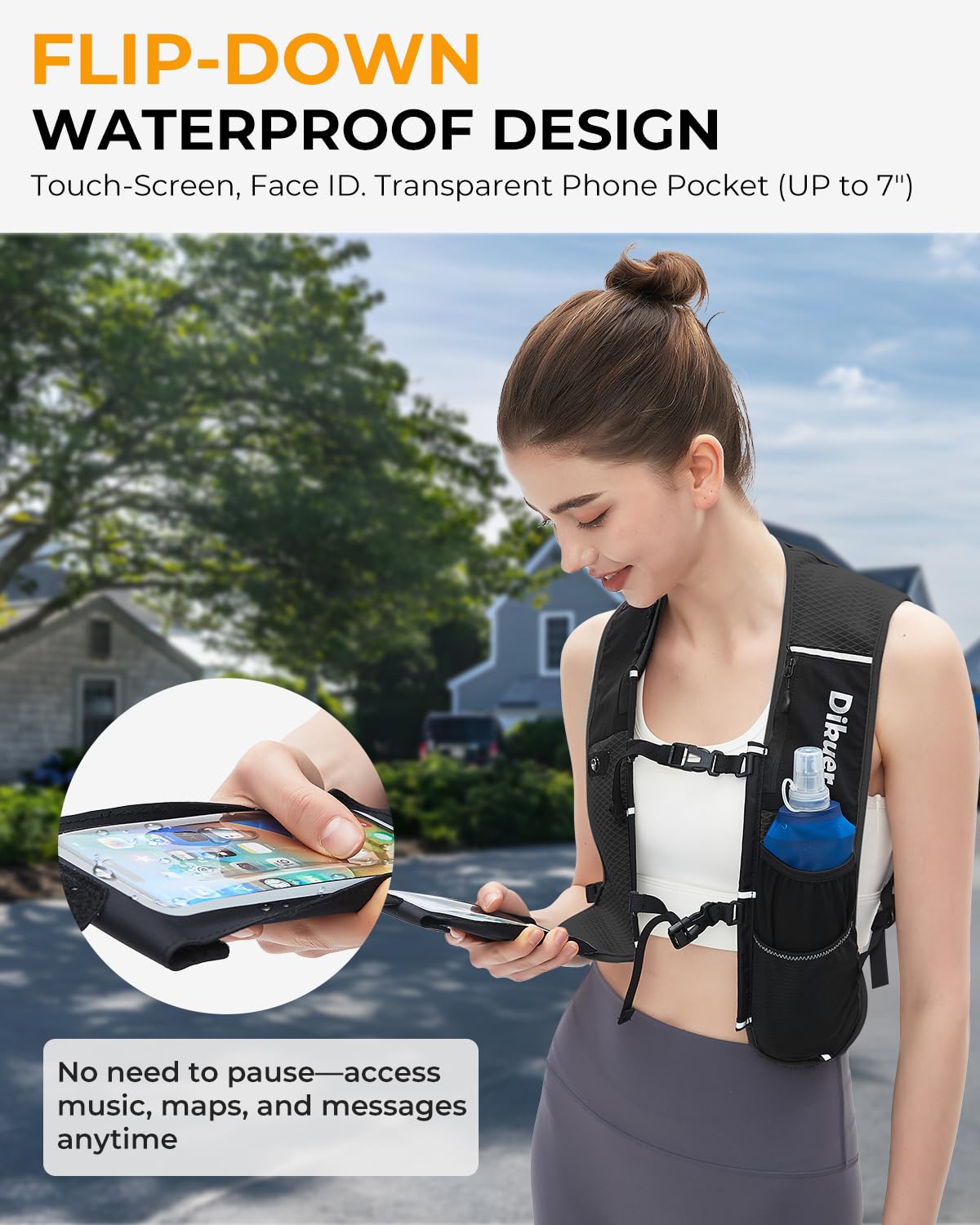 Running Vest for Women Men, Lightweight Hydration Runner Vest with Transparent Waterproof Phone Pocket, 17oz Soft Flask, Adjustable Chest Straps Reflective Backpack for Hiking Cycling Jogging
