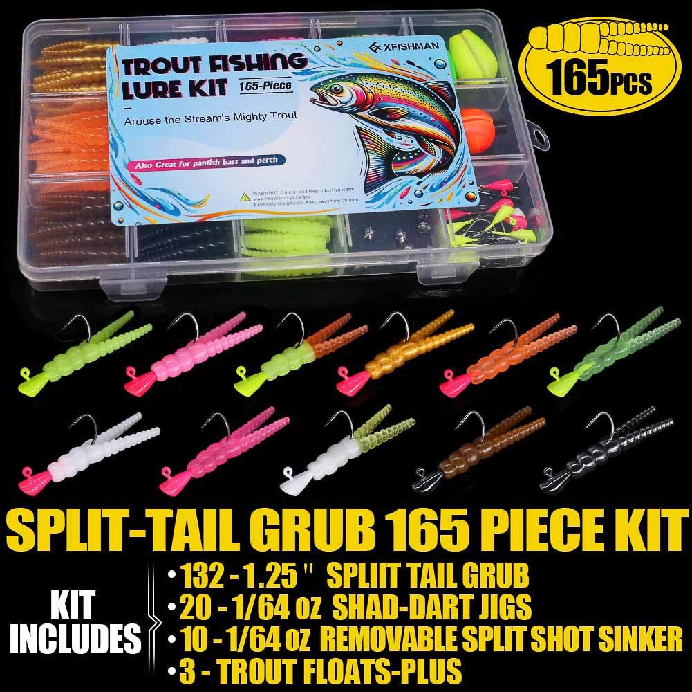 XFISHMAN-Trout-Fishing-Lure-Kit 165-Piece Creek & River Fishing Set with Split Tail Grub Worms, Shad Dart Jig Heads, Floats & Sinkers Ideal for Seasonal Trout Crappie Panfish