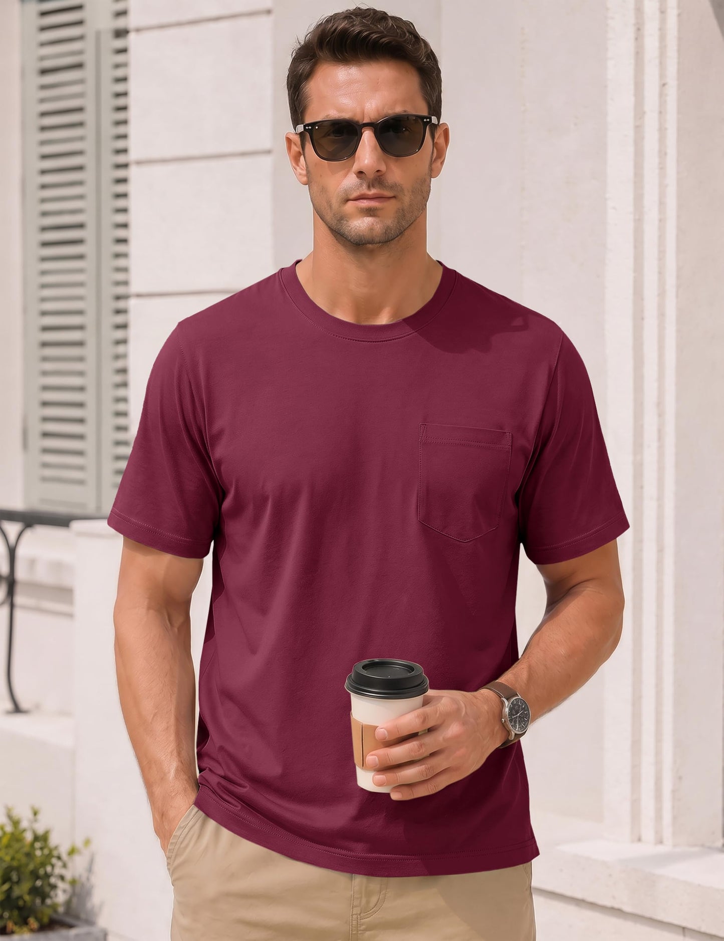 MAGNIVIT Pocket Shirt for Men Pocket Tee Cotton Tshirt Regular Fit Crew Neck T Shirt Short Sleeve Shirt Mens Pocket Tee Red L