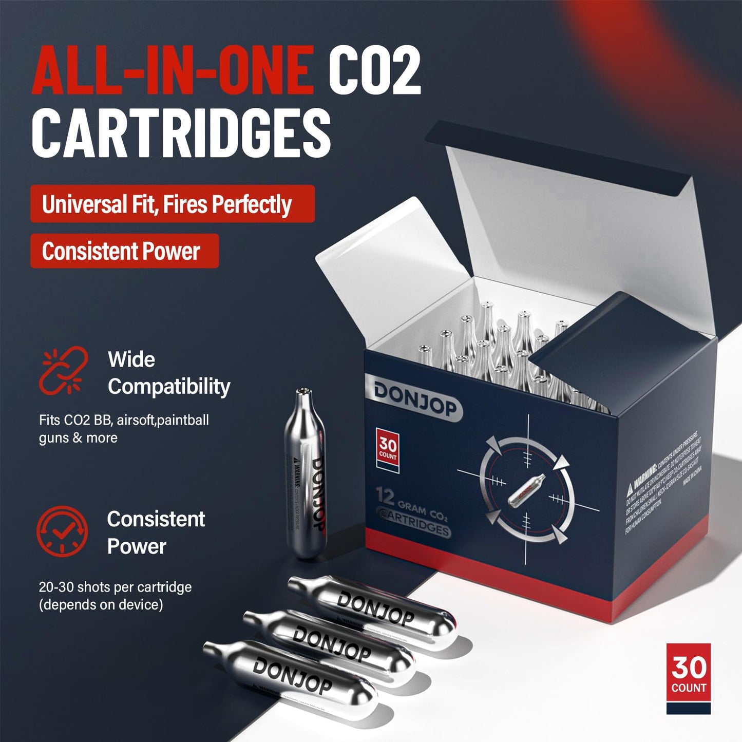 DONJOP 30Pack 12G CO2 Cartridges Non-Threaded, CO2 cartridges BB Gun, CO2 BB Pistol, CO2 Airsoft Pistol, and CO2 Paintball Markers,Snug Fit & Solid Seal
