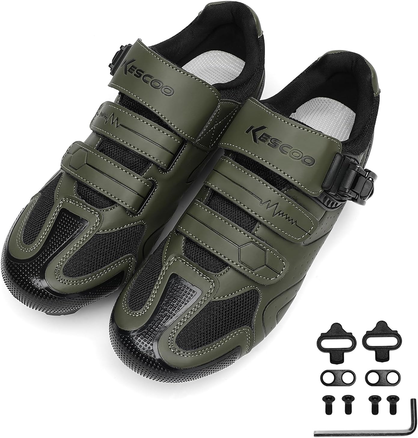KESCOO Mens Mountain Bike Shoes with 2-Bolts SPD Cleats Included, Cycling Shoes with Quick Ratchet Buckle Indoor Outdoor Riding Biking