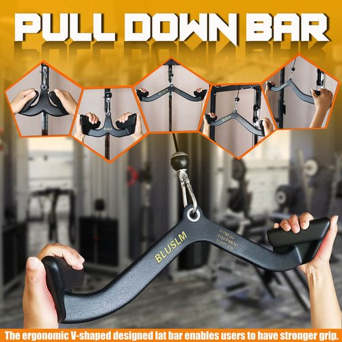 BLUSLM LAT Pull Down Bar for Cable Machine, LAT Pulldown Attachments T-bar V-bar Cable Attachment for Gym, Back Tricep Strength Training Handle (5 Pieces)