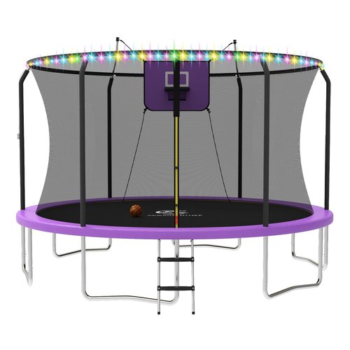 ACWARM HOME 14 FT Trampoline for Kids and Adults, Trampolines with Basketball Hoop and LED Lights,Trampoline Outdoor with Net, ASTM Approved, Purple
