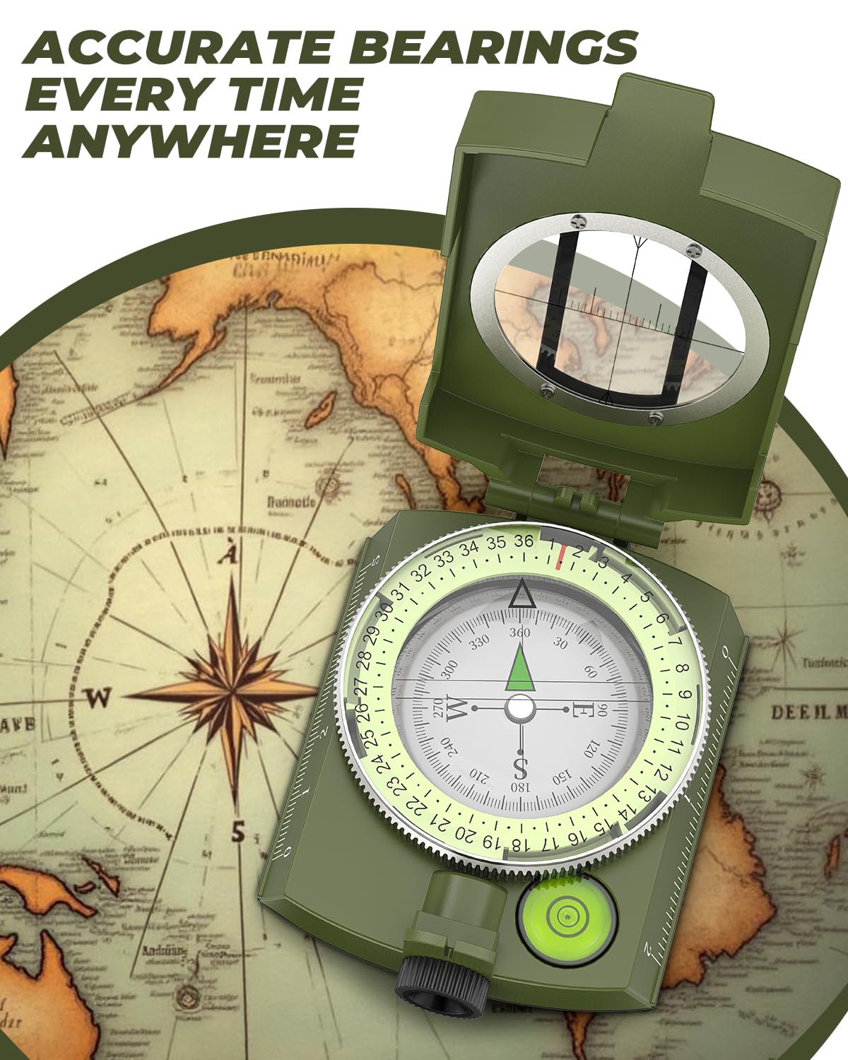 Sportneer Military Lensatic Sighting Compass with Carrying Bag, Waterproof and Shakeproof, Army Green