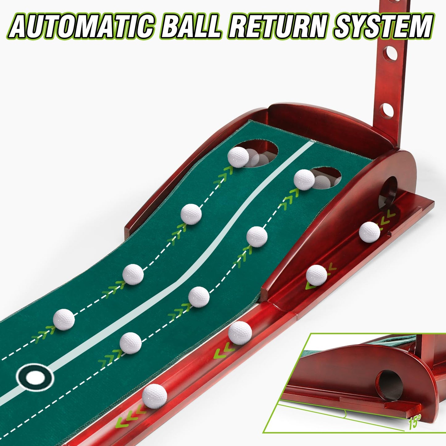 Kamitty Putting Green Indoor – Golf Putting Mat with Wooden Base, Automatic Ball Return, Velvet Golf Mat for Home Office, Premium Putting Green Gift for Men