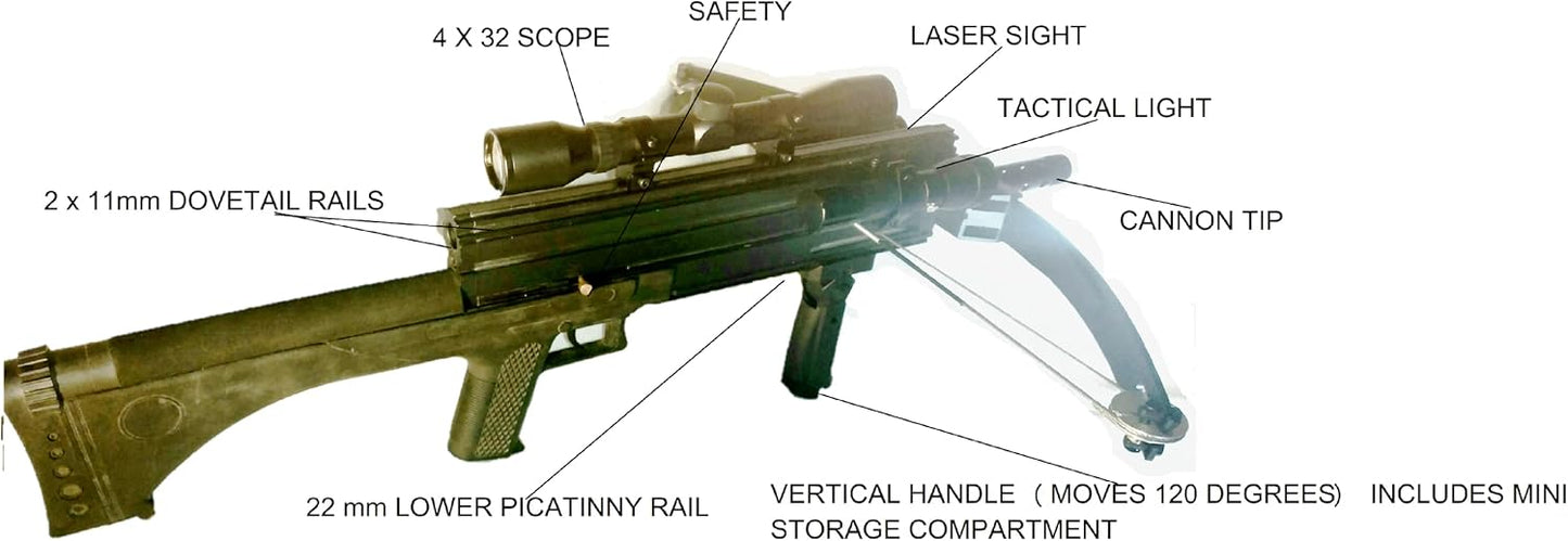 120lbs Steel Ball WT4 Repeating Crossbow with Tactical Package. Includes a Flashlight, Scope and red Beam Aimer.