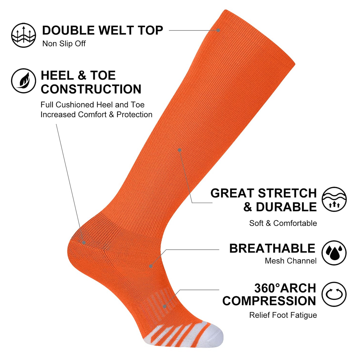 FITRELL 2 Pack Baseball Soccer Softball Socks for Kids Youth Men & Women Over-the-Calf Knee High Socks, Orange, Small