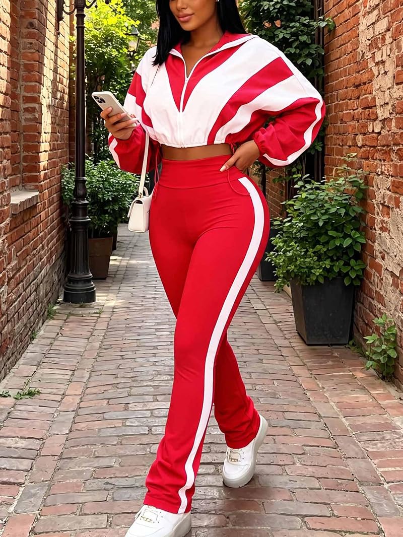 Adogirl Women 2-Piece Zip Up Track Suit - Red Large, Sleeveless? (clarify) 2 Piece Jogger Set