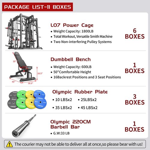 Smith Machine with Cable Crossover System, Multi-Function Squat Rack Power Cage for Home Gym, Power Rack and Packages Weight Sets (Black, L07-Smith Machine+Weight Bench+Color BP 230LBS)
