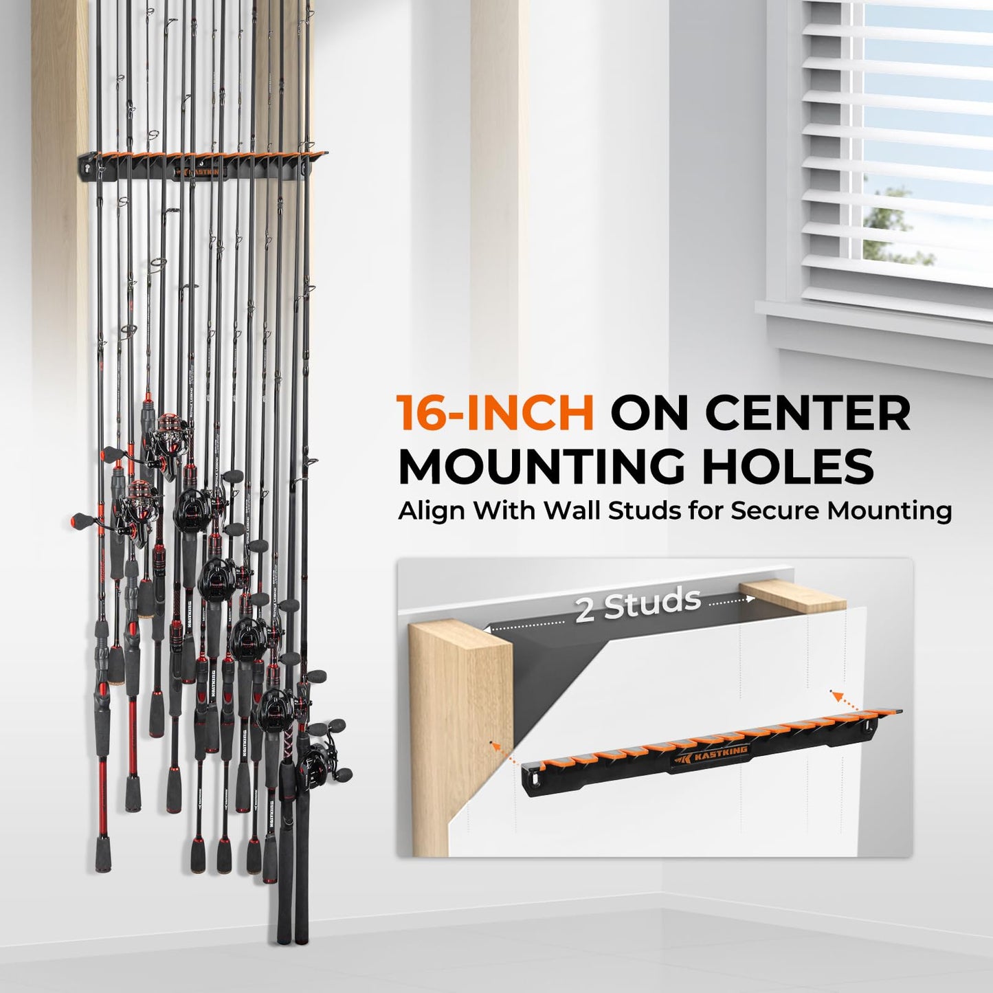KastKing V15 Vertical Fishing Rod Holder – Wall Mounted Fishing Rod Rack, Store 15 Rods or Fishing Rod Combos in 17.25 Inches, Great Fishing Pole Holder and Rack