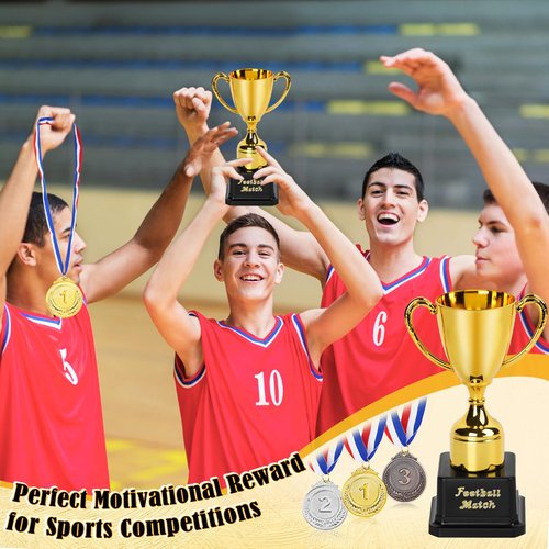 FACULX 6 pcs Trophy and Medal Set,1st 2nd 3rd Zinc Alloy Wheat Ear Medals with Red White Blue Neck Ribbon,7 Inch Gold Plastic Trophies with DIY Alphabet Stickers,for Sports Tournaments,Competitions