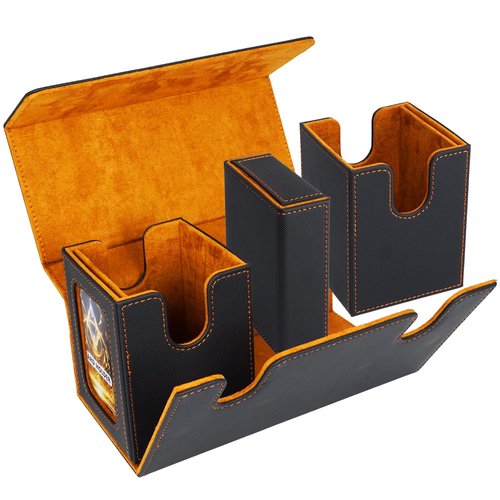 AFIING MTG Commander Deck Box 200 Double Sleeved Cards Storage, 3-in-1 Magnetic Card Case Organizer for Magic: The Gathering TCG CCG, 4 Dividers & 2 Toploaders (Black/Orange)