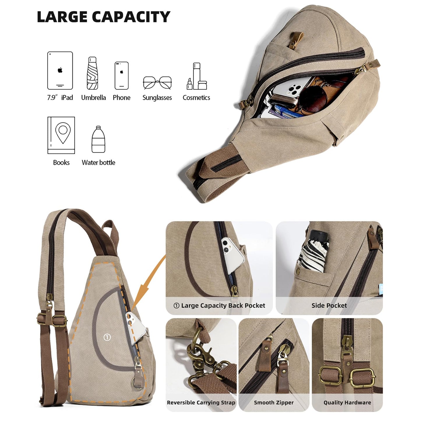 KL928 Canvas Sling Bag - Small Crossbody Backpack Shoulder Casual Daypack Rucksack for Men Women(Large Version,Khaki)