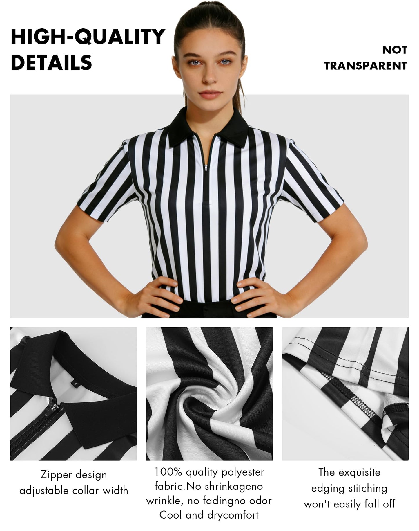 WILLBEFIT Women's Referee Shirt Official Football Basketball Zipper Ref Jersey for Halloween Costume Umpire Waitress Uniform XXL