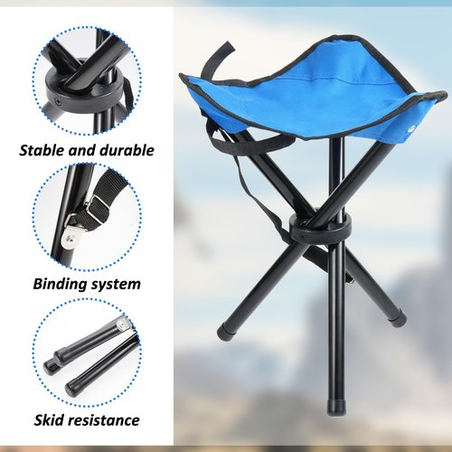 KKONHII Portable Folding Camping Stool, Collapsible Tripod Stool Chair for Adults, 3 Legged Blue Chair with Adjustable Handle for Outdoor Travel Camp Picnic Fishing Hunting Walking Hiking