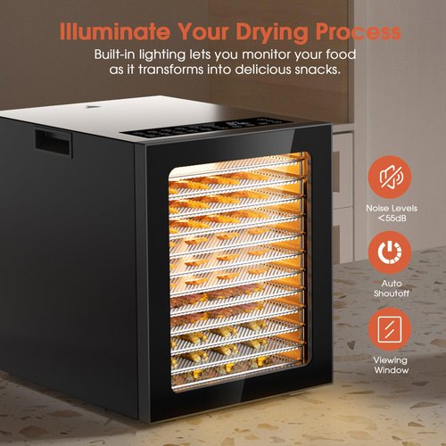 Food Dehydrator 12 Trays Stainless Steel - 850W Large Dryer for Jerky, Fruit, Meat, Herbs, Mushroom with Digital Timer & Glass Door