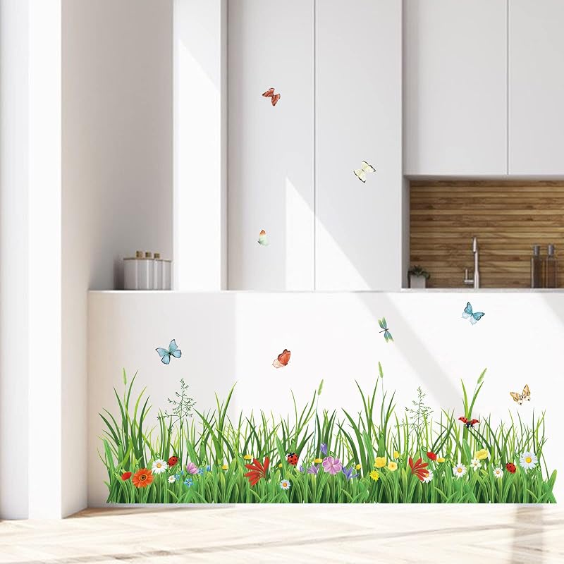 Wondever Green Grass Wall Decals with Flowers & Butterflies - 2 Sheets, 132cm x 54cm