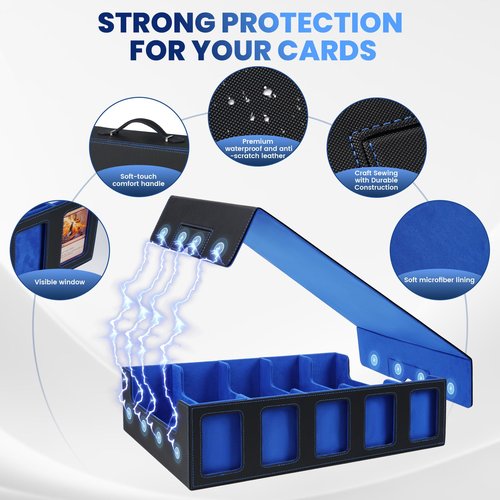 Trading Card Storage Box with Handle, 5-Row Portable Leather Deck Case for 4000+ Cards,Blue Card Collection Box with Commander Display Window for MTG, Yugioh, and Sports Cards,Gifts for Card Collector