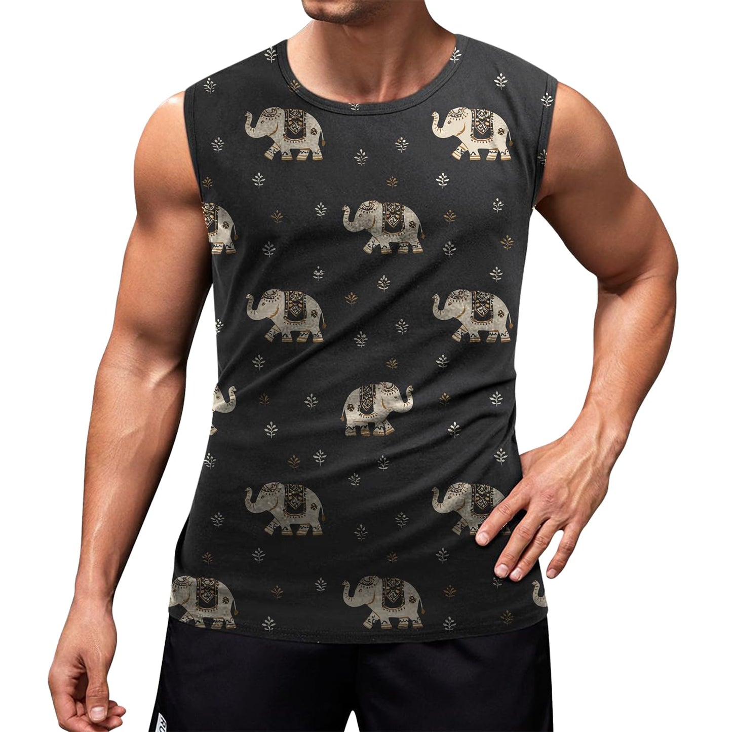 Lightweight Mens Tank Tops Graphic Stylish Elephant Oversized Hawaii Beach Wear for Men Summer Sleeveless Retro Crewneck Casual Wear Vacation Clothing,M