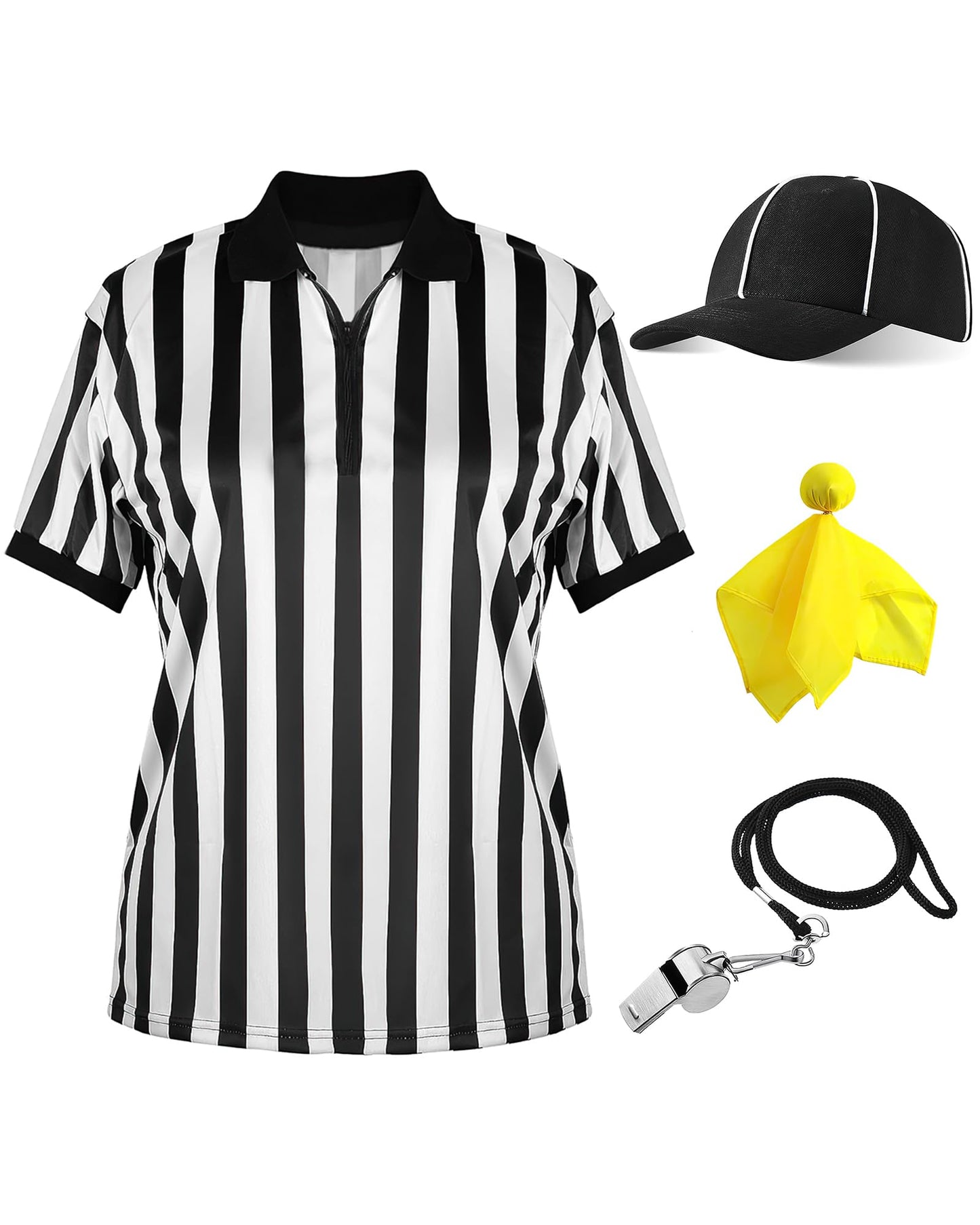 Vivrerizo Referee Shirt Costume Set - 4 Pcs Black and White Striped Ref Jersey Yellow Penalty Flag and Whistle for Halloween Umpire Football Soccer Costume Cosplay