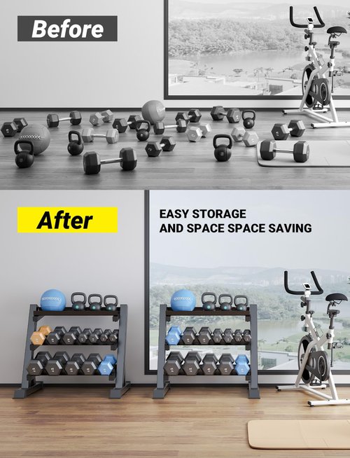 YOLEO Dumbbell Rack - 3 Tier & 5 Tier Compact Weight Rack for Dumbbell, Kettlebell, Barbell, Heavy Duty Weight Storage Organizer, Space-Saving Dumbbell Storage Stand Holder for Home Gym - 1100LBS Capacity (Rack Only) (Classic 3-Tier)