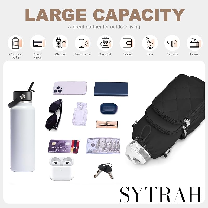 Black Insulated Water Bottle Bag Crossbody with Phone & RFID Pockets