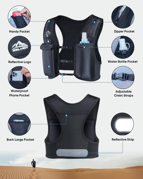 Zelvot Running Vest for Women Men, USA Original Patent, Adjustable Chest Straps Running Hydration Vest with 500ml Soft Flask, Lightweight Breathable Reflective Running Vest for Marathon - M/L
