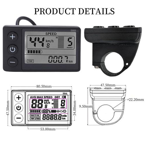 CYSFETENA Electric LCD Display, 48V Control Panel LCD Display Meter Display Meter Controller Waterproof S866 Ebike Display Electric Scooter Conversion Kit for 22.2mm