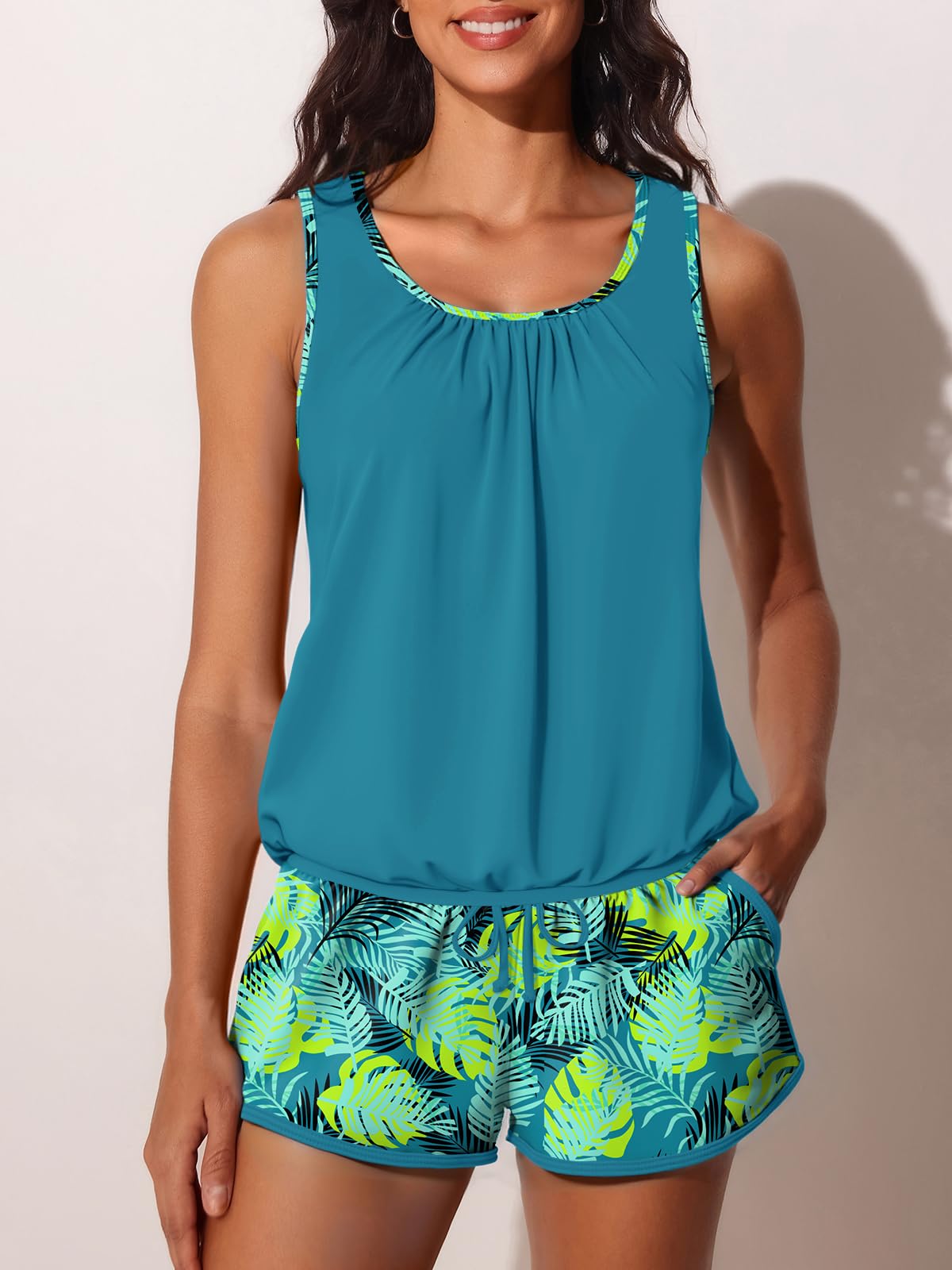 Summer Mae Blouson Women’s Tankini Swimsuits with Shorts Tummy Control Bathing Suits Side Pockets Tropical Green Leaves X-Large 2026
