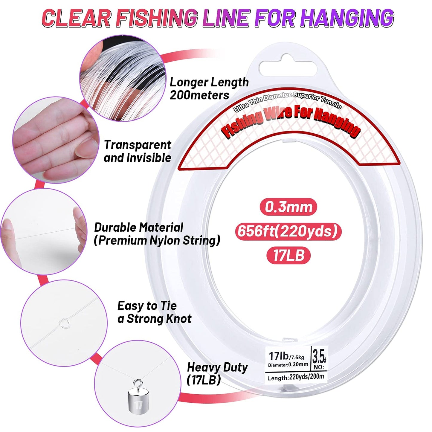Fishing Line Clear, Acejoz 656FT Clear Fishing Wire for Hanging, 200 Meters 0.3mm Nylon String Supports 17 Pounds, Invisible Fishing Line for Balloon Garland Hanging Decorations Beading and Crafts…