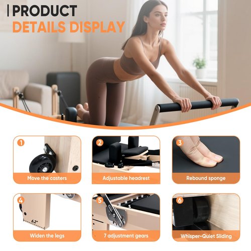 Professional Pilates Reformer Machine with Jumpboard, Reformer Box & Foot Straps – Studio-Grade Wood Frame Equipment for Home Workouts, Adjustable Resistance & Smooth Glide System (Black)