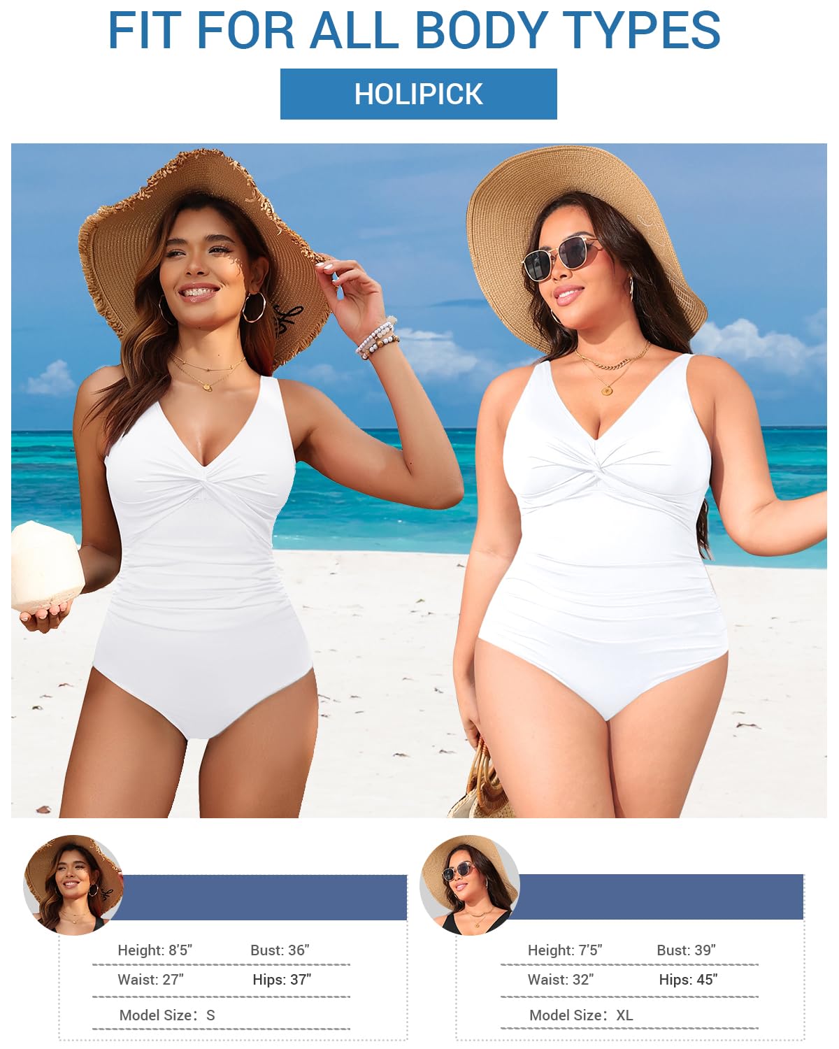 Holipick White Women Tummy Control One Piece Swimsuit - Push Up Bathing Suit Full Coverage Slimming Swimwear M