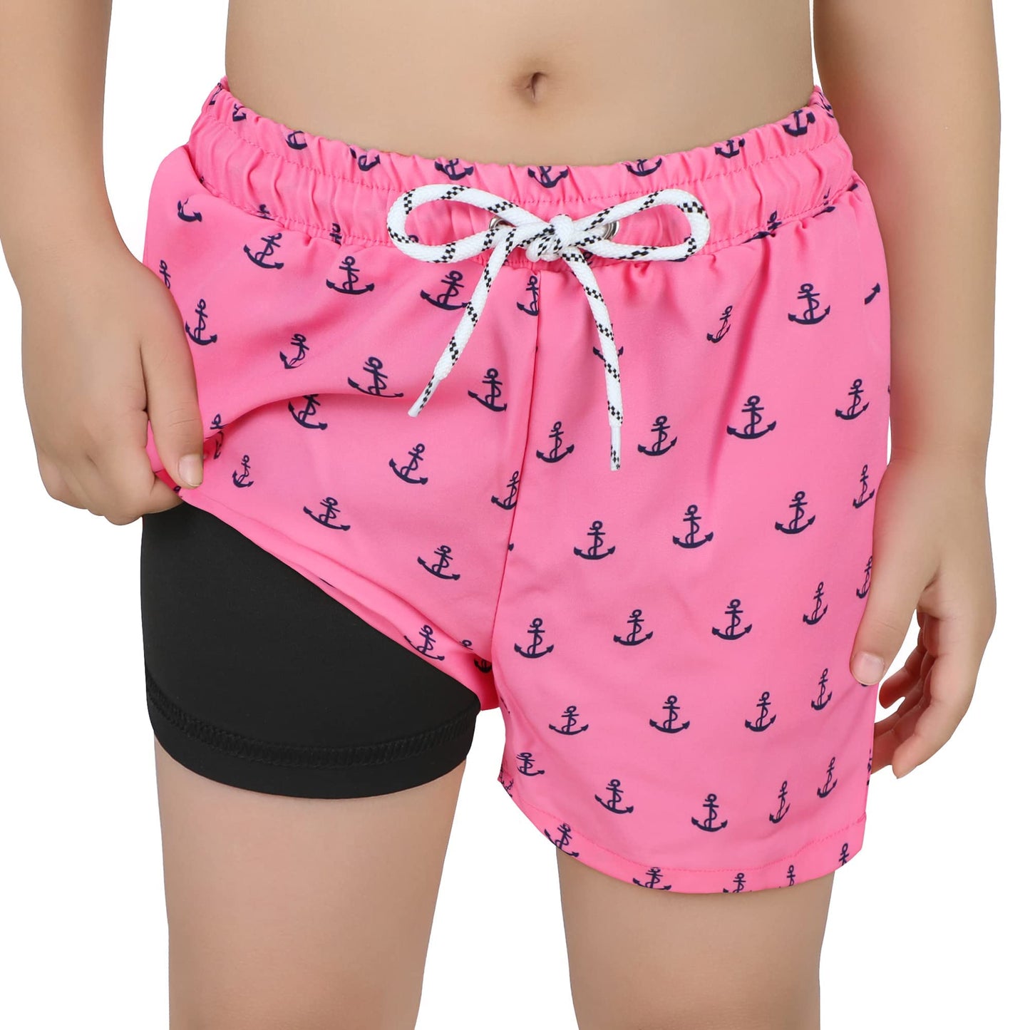 Century Star Boys Swim Trunks with Compression Liner Quick Dry Boys Bathing Suit Toddler Swim Trunks Beach Board Shorts Swimwear Pink Anchor 12-14 Years