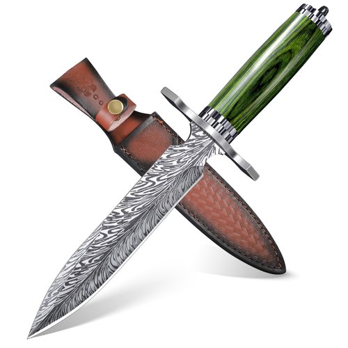 FUSIONKEI Fixed Blade Knife with Leather Sheath, Survival Camping Damascus Feather Knives D2 Steel with Green Pakkawood Handle, Full Tang Bushcraft for Outdoor Use