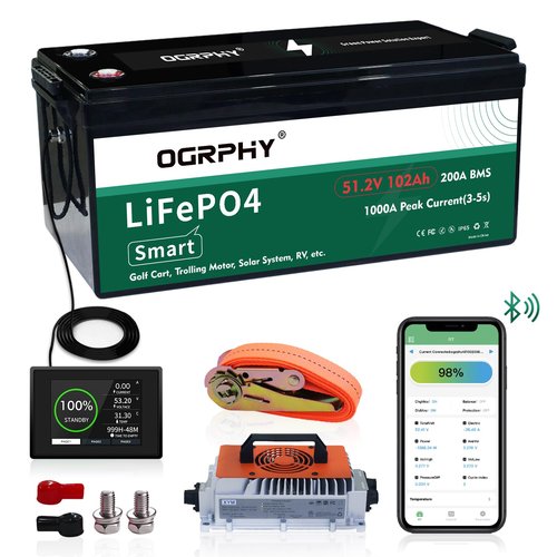 OGRPHY 48V Lithium Golf Cart Battery Conversion Kit, 200A BMS(1000A Peak Current), with Touch Monitor and Retention Strap, 4000+ Cycles 48V Lithium Battery with Charger Perfect for Golf Carts(102AH)