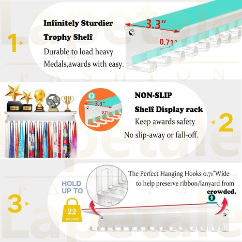 Lapetale Fashion Non-Slip White Trophy Shelf - 16 Inch Medal Hanger Display For Wall with Upgraded Shelves For Trophies, Gymnastics, Soccer, Swim