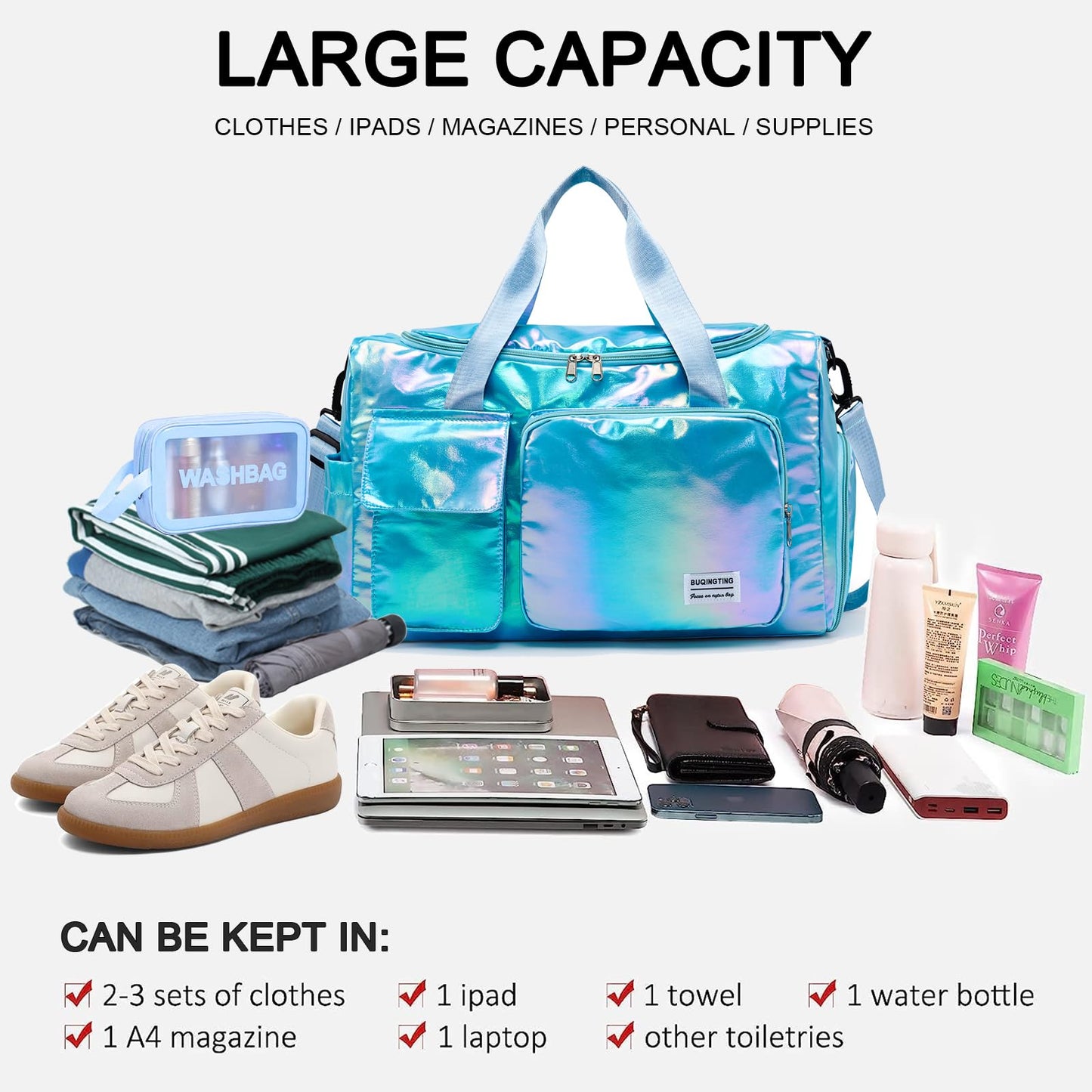 BEULPTN Shimmery Small Gym Bag for Women, Waterproof Travel Duffel Bag with Shoe Compartment & Wet Pocket, Gym Tote Bag for Travel, Workout, Sport