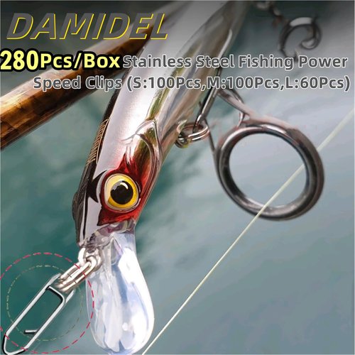 DAMIDEL 280Pcs/Box Stainless Steel Fishing Power Speed Clips (SS:100Pcs,S:100Pcs,M:60Pcs,L:20Pcs) High Strength Fishing Connector Swivels Snaps for Quick Change Lure Tackle Saltwater Freshwater