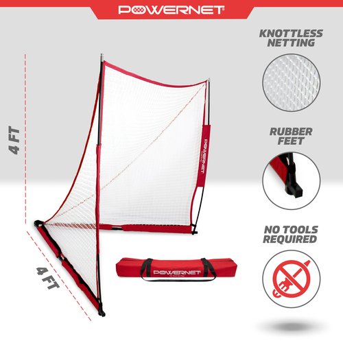 PowerNet Portable Lacrosse Goal, Pop Up 4x4 FT Lacrosse Net, Training Equipment Backstop Goal for Practice or Scrimmages, Bow Style Frame with Rubber Feet, Included Carry Bag