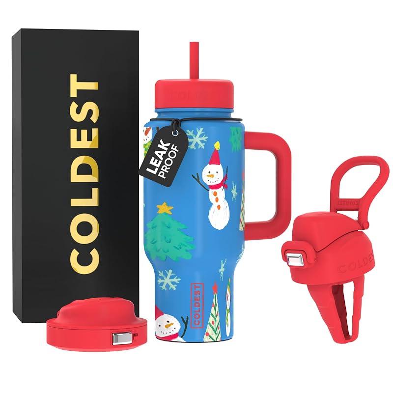 Coldest Tumbler with Handle & Coffee Lid 24 oz - 3 Lids, 100% Leak-Proof, Stainless Steel, Cup-Holder Friendly (Mr. Snowie)