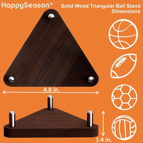 Happyseason 2-Pack Wood Football Stand, Basketball Stand with Stainless Steel Rods, Soccer Ball Holder, Volleyball Holder, Round-Edge Rack for Balls, Easy to Assemble (Brown)